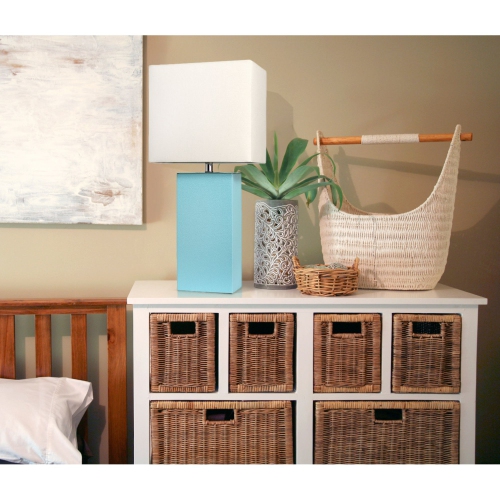 Modern Leather Table Lamp with White Fabric Shade, Aqua