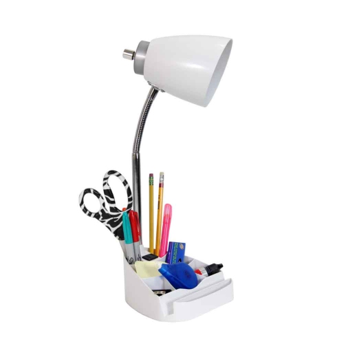 Gooseneck Organizer Desk Lamp with iPad Tablet Stand Book Holder and Charging Outlet, White