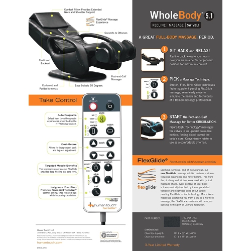 Human Touch WholeBody 5.1" Swivel & Recline Full Body Massage Chair - Mid-Size - Black