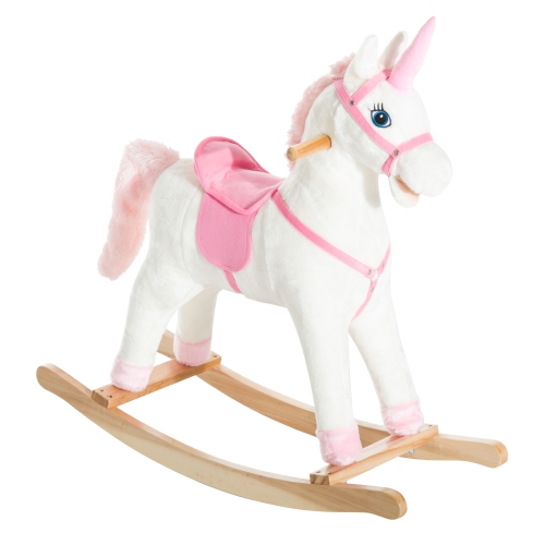 Qaba Kids Plush Toy Rocking Horse Unicorn with Realistic Sounds, White & Pink