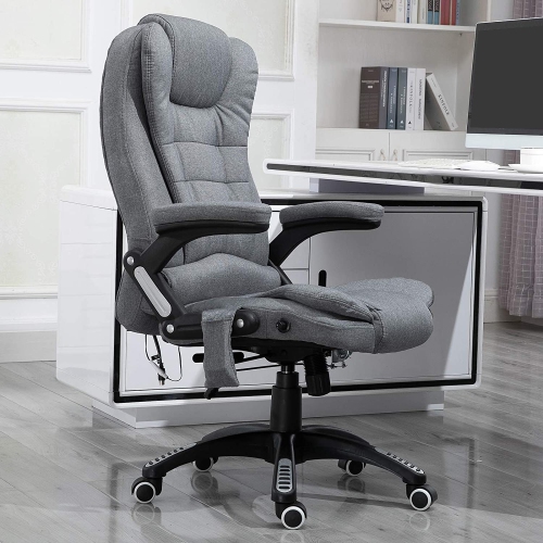 Vinsetto – Fauteuil de bureau de massage avec vibration 6 points, fauteuil de direction inclinable en lin, dossier haut, roulettes pivotantes, gris