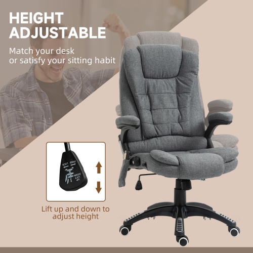 Vinsetto – Fauteuil de bureau de massage avec vibration 6 points, fauteuil de direction inclinable en lin, dossier haut, roulettes pivotantes, gris