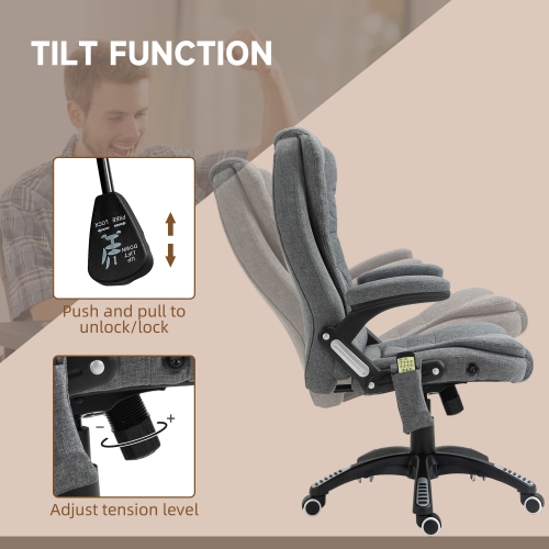 Vinsetto – Fauteuil de bureau de massage avec vibration 6 points, fauteuil de direction inclinable en lin, dossier haut, roulettes pivotantes, gris