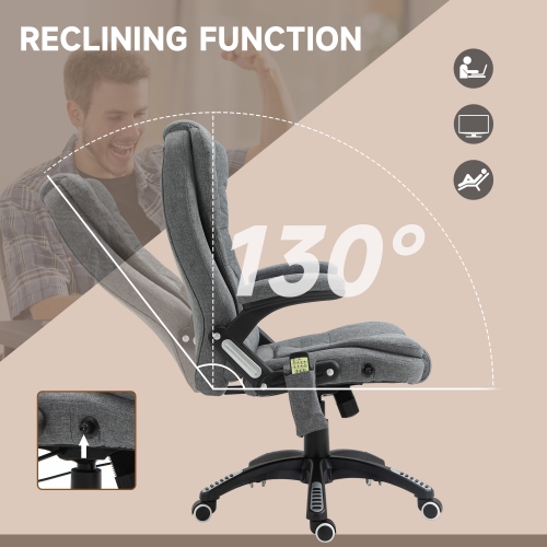 Vinsetto – Fauteuil de bureau de massage avec vibration 6 points, fauteuil de direction inclinable en lin, dossier haut, roulettes pivotantes, gris