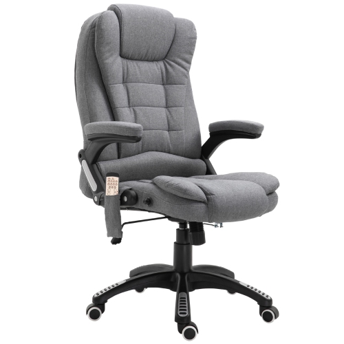 Vinsetto – Fauteuil de bureau de massage avec vibration 6 points, fauteuil de direction inclinable en lin, dossier haut, roulettes pivotantes, gris
