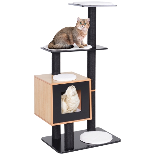 PawHut 47" Premium Wood Cat Tree Kitty Scratching Post Kitten House Condo Activity Center Modern Pet Furniture w/ Cushions Black