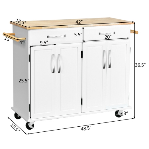 Costway Kitchen Trolley Island Utility Cart Wood Top Rolling Storage Cabinet Drawers