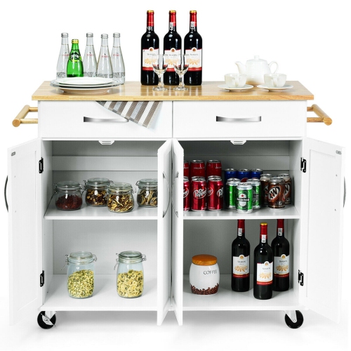 Costway Kitchen Trolley Island Utility Cart Wood Top Rolling Storage Cabinet Drawers