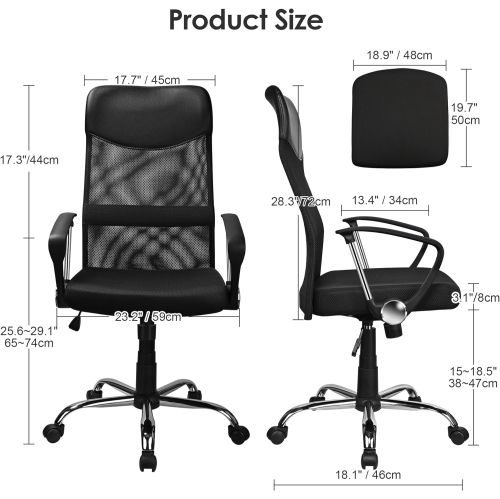 Adjustable Mesh Task Chair, High Back Office Chair Computer Desk Chair with 360-Degree Swivel and Armrests,Black