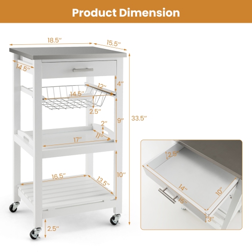 Costway Compact Kitchen Island Cart Rolling Service Trolley with Stainless Steel Top Basket