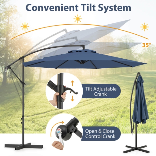 Costway 10' Hanging Umbrella Patio Sun Shade Offset Outdoor Market W/ Cross Base Blue
