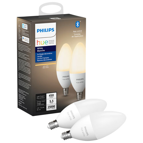 Philips Hue White E12 Candelabra Smart LED Bluetooth Light Bulb - 2 Pack
