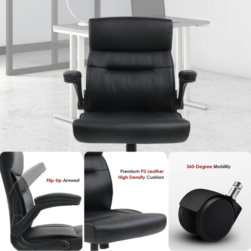 Bonded Leather Office Chair, Ergonomic Executive Office Desk Chair with Flip-up Armrests, Black