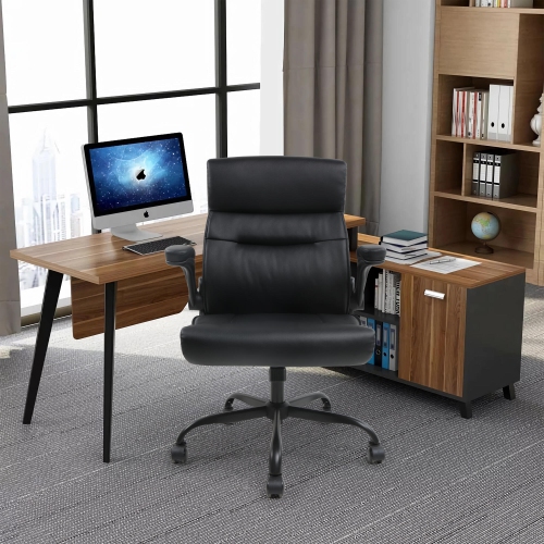 Bonded Leather Office Chair, Ergonomic Executive Office Desk Chair with Flip-up Armrests, Black