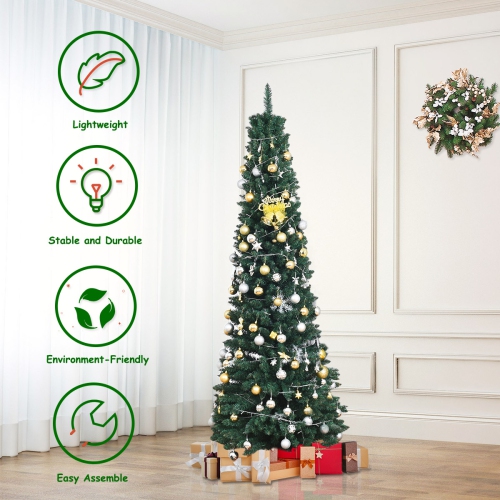 Costway 7Ft PVC Artificial Pencil Christmas Tree Slim w/ Stand Home Decor Green