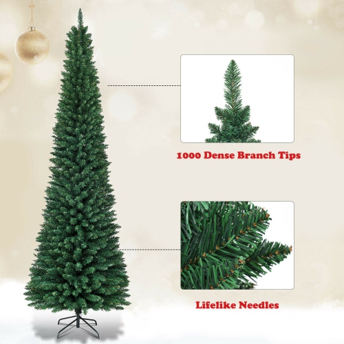Gymax 8Ft PVC Artificial Pencil Christmas Tree Slim w/ Stand Home Holiday Decor Green