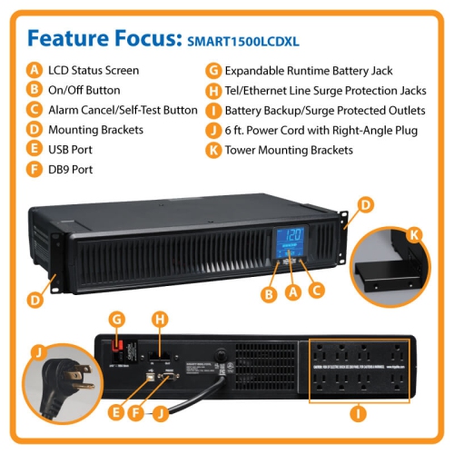 Tripp Lite SmartPro LCD 120V 1500VA 900W Line-Interactive UPS, AVR, Extended Runtime, 2U Rack/Tower, LCD, USB, DB9, 8 Outlets