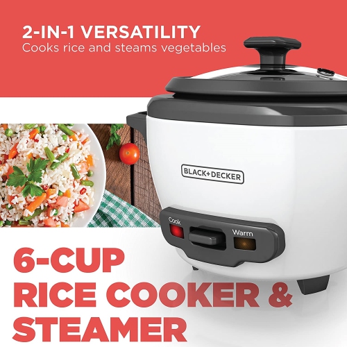Black + Decker - Rice Cooker/Steamer, 6 Cup Capacity, Nonstick Bowl, White