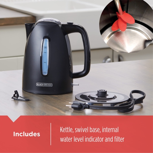 Bouilloire électrique Black+Decker 1,7&nbsp;L pour ébullition rapide avec filtre amovible et base pivotante, bouilloire sans fil
