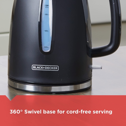 Bouilloire électrique Black+Decker 1,7&nbsp;L pour ébullition rapide avec filtre amovible et base pivotante, bouilloire sans fil