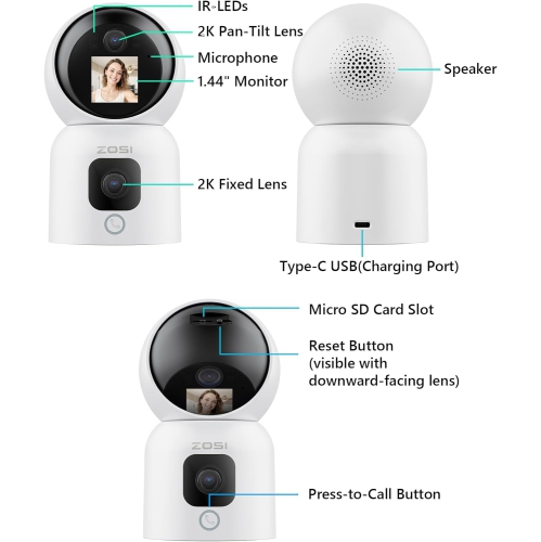 ZOSSI – caméra IP semi-sans fil de sécurité résidentielle 3MP Wi-Fi caméra de surveillance extérieure avec projecteur, audio à 2 voies, détection
