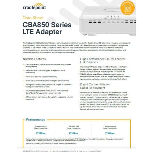 CradlePoint ARC CBA850LP6-EU Cellular Modem/Wireless Router - 4G - LTE, HSPA+ - 2 x Network Port - USB - Gigabit Ethernet - Wall Mountable, Desktop,
