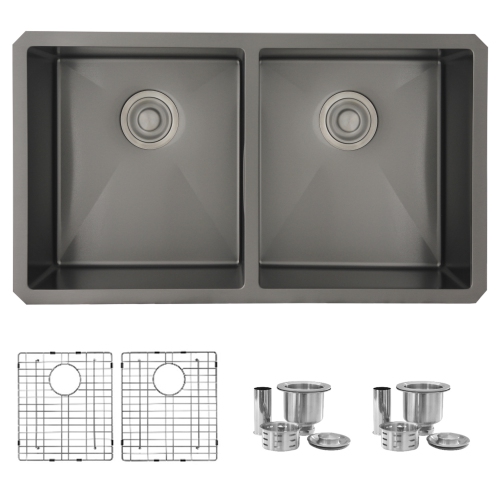 32 inch Graphite Black Double Bowl Undermount Stainless Steel Kitchen Sink with Grids and Basket Strainers S-701XN