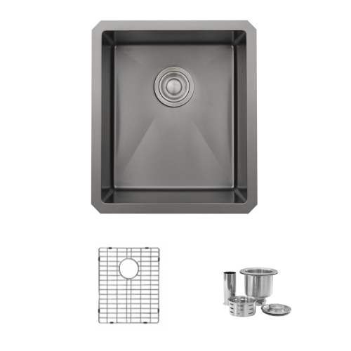 STYLISH 16 inch Graphite Black Single Bowl Undermount Stainless Steel Kitchen Sink with Grid and Basket Strainer