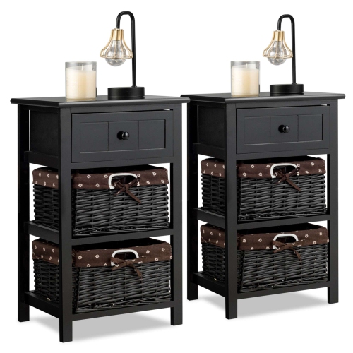 Costway Set of 2 Nightstand 3 Layer 1 Drawer Bedside End Table Wood W/2 Basket Black