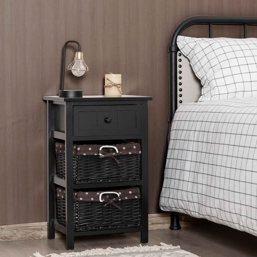 Costway Set of 2 Nightstand 3 Layer 1 Drawer Bedside End Table Wood W/2 Basket Black