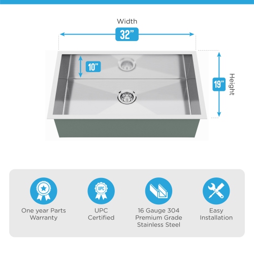 Blue Ocean 32" 16 Gauge Stainless Steel Undermount Kitchen Sink with FREE Grid and Strainer