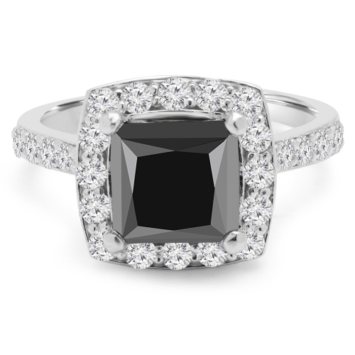 Bague de fiançailles halo en or blanc 14K ct à diamants noirs taille princesse 2 7/8 ct avec détails - taille 4 à 9