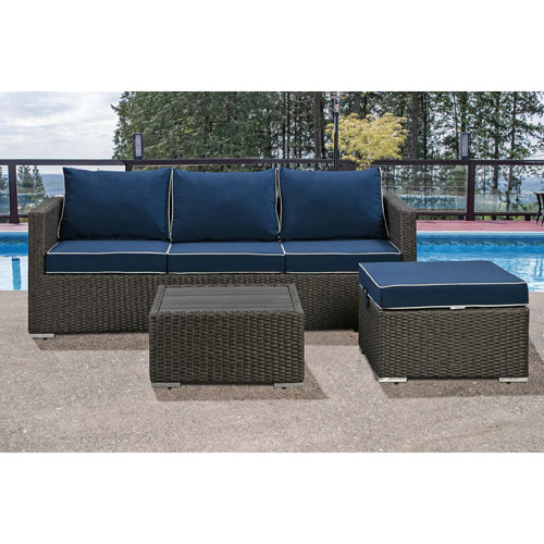 Deckster 3-Piece Patio Conversation Set - Grey Brown Wicker/Navy Cushions