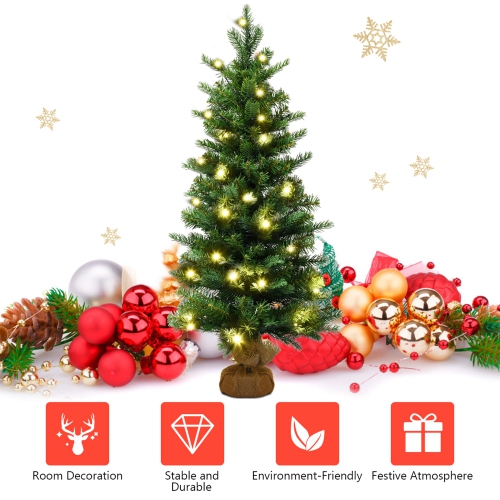 Costway 3Ft Pre-Lit Spruce Tabletop Christmas Tree Battery Operated w/Lights & Timer
