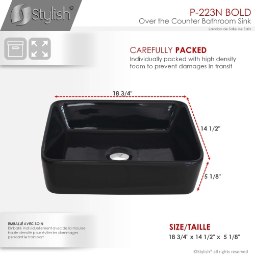 STYLISH Porcelain Rectangular Vessel Bathroom Sink Glossy Black P-223N