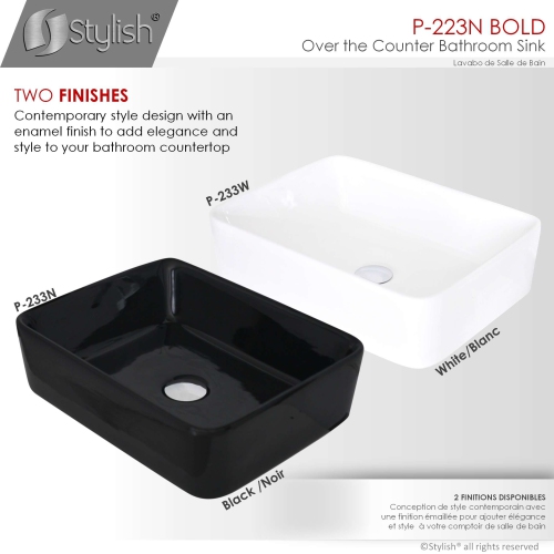 STYLISH Porcelain Rectangular Vessel Bathroom Sink Glossy Black P-223N