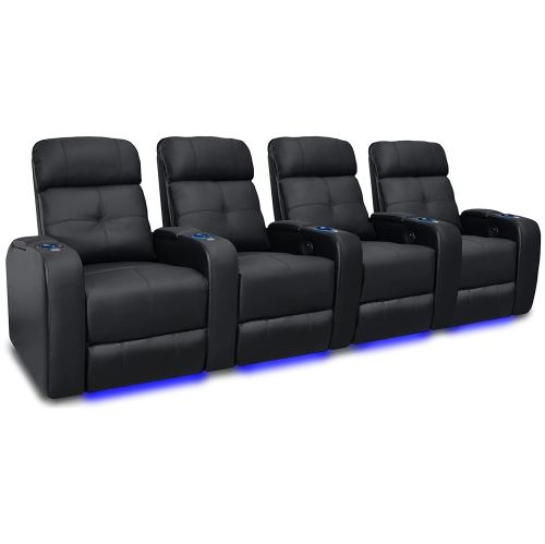 VALENCIA SEATING Verona Home Theater Seating | Premium Top Grain Italian 9000 Leather, Power Recliner, Power Headrest, Led Lighting (Row Of 4, Black) LED light is also good in the dark environment