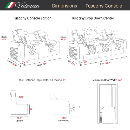 3 sièges inclinables électriques en cuir nappa de grain supérieur avec console Tuscany de Valencia pour cinéma maison - Noir