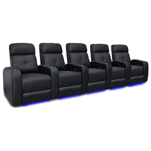 VALENCIA SEATING Verona Home Theater Seating | Premium Top Grain Italian 9000 Leather, Power Recliner, Power Headrest, Led Lighting (Row Of 5, Black)