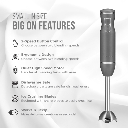 Chefman Immersion Stick Blender with 300W Motor, 2-Speed Control, Stainless Steel Blades and Soft Touch Grip One Hand Mixer, Silver