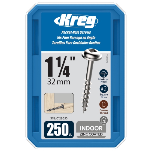 Kreg SML-C125-250 Zinc Pocket Screws, 1 1/4 Inch #8 Coarse Thread, Maxi-Loc Head