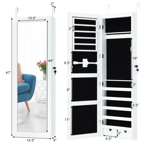 Costway Door Mounted Mirrored Jewelry Cabinet Armoire Organizer Lockable w/ 2 Drawers