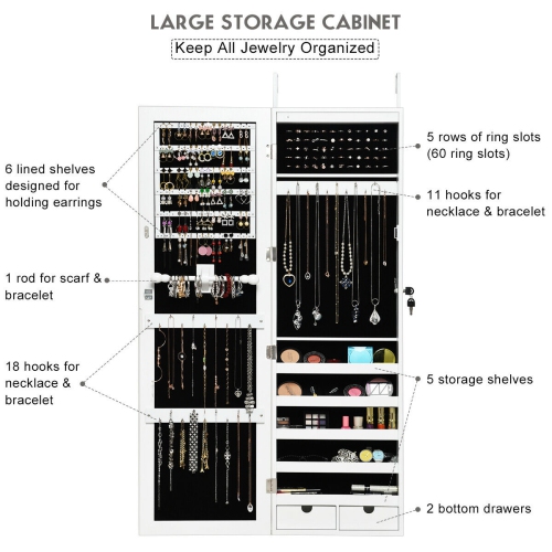 Costway Door Mounted Mirrored Jewelry Cabinet Armoire Organizer Lockable w/ 2 Drawers
