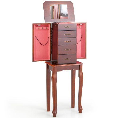 Costway Jewelry Cabinet Armoire Storage Chest Stand Organizer Wood Box Walnut