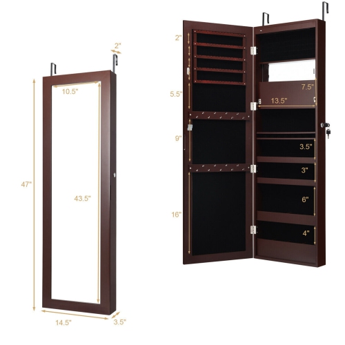 Costway Lockable Wall Door Mounted Mirror Jewelry Cabinet Armoire Organizer w/LED Lights