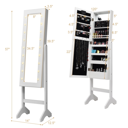 Costway Mirrored Jewelry Cabinet Armoire Organizer Free Standing w/ 18 LED lights White