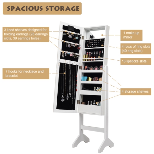 Costway Mirrored Jewelry Cabinet Armoire Organizer Free Standing w/ 18 LED lights White