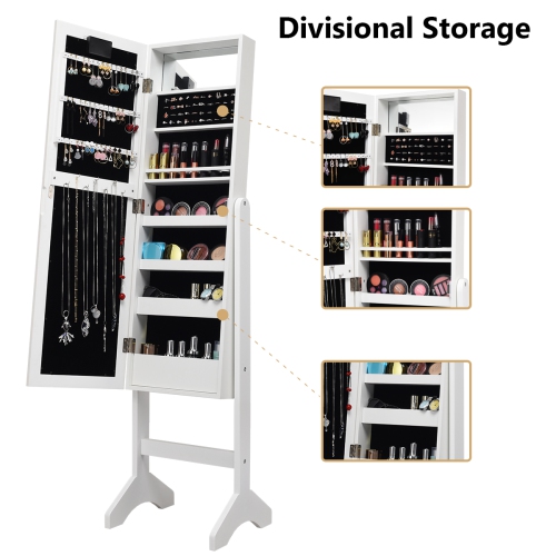 Costway Mirrored Jewelry Cabinet Armoire Organizer Free Standing w/ 18 LED lights White