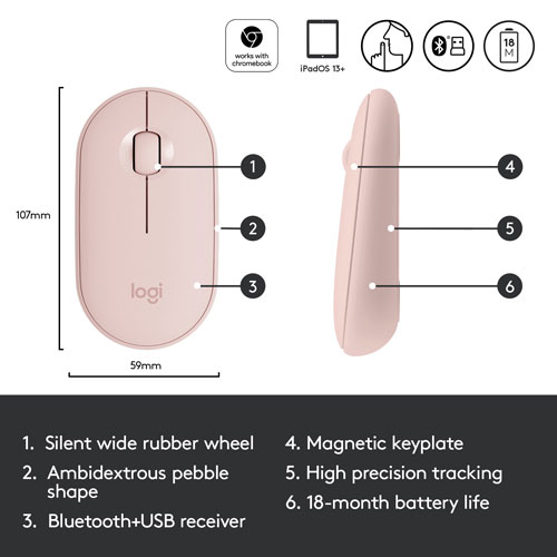 Logitech Pebble M350 Wireless Optical Ambidextrous Mouse - Rose