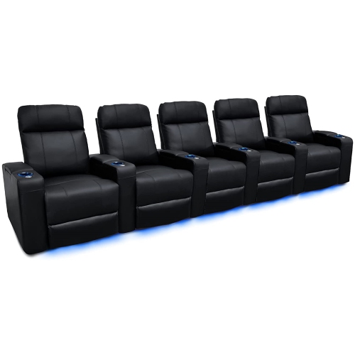 VALENCIA SEATING Piacenza Home Theater Seating | Premium Top Grain Nappa 9000 Leather, Power Recliner, Power Headrest, Led Lighting (Row Of 5, Black)